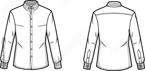 Fashion technical sketch, balloon silhouette puff sleeve dress, front and back view, garment construction, vector template, cad drawing flat vector illustration