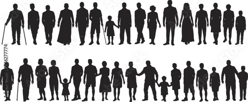 Silhouettes of people in different ages — vector family generations including children, adults, and elderly in standing poses