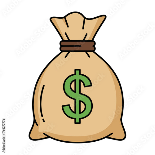 A cartoon illustration of a beige money bag with a green dollar sign on it, tied at the top.
