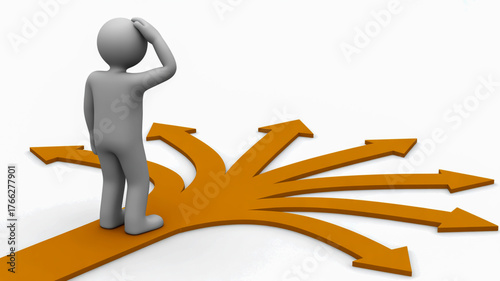 3D Gray Figure Standing at a Crossroads with Multiple Orange Arrow Paths person male