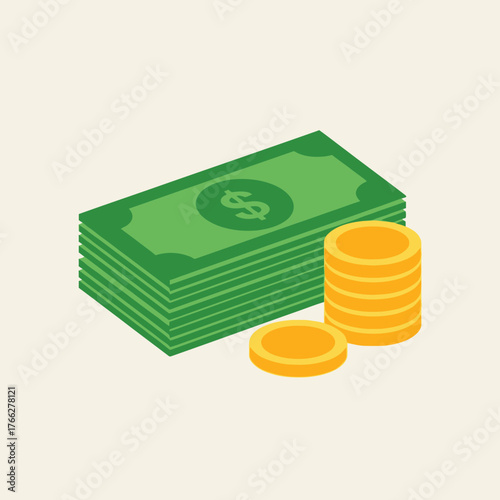 An illustration depicting a stack of green banknotes and several golden coins, representing wealth.