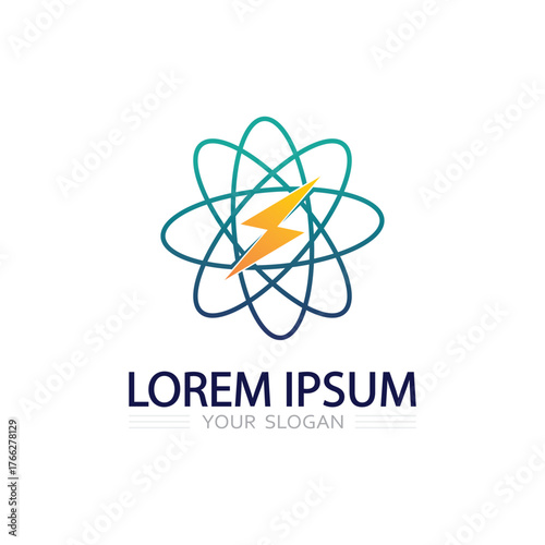 Lightning energy bolt vector logo concept with bright electric flash illumination