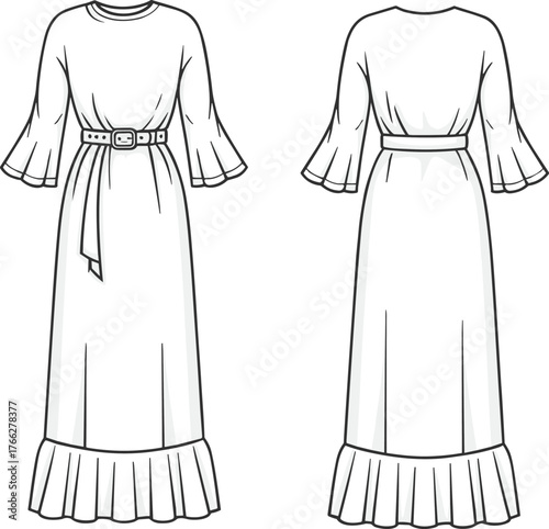 Long dress technical fashion sketch, flared sleeve, belted waist, front and back view, cad drawing flat vector illustration, garment design