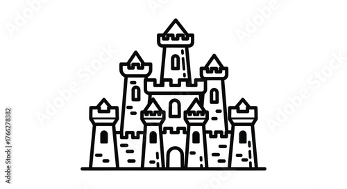 A stylized black and white outline drawing of a grand fairytale castle silhouette