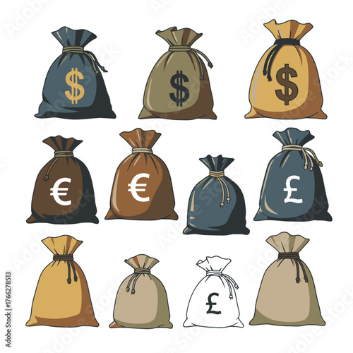 A collection of twelve money bags, each with a different currency symbol, arranged in three rows.