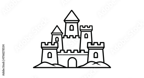 A simple black and white outline drawing of a fairytale castle with multiple towers and battlements presented as a silhouette