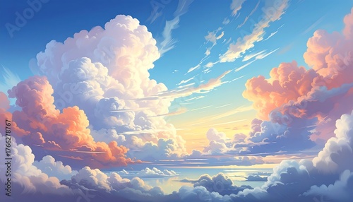 Fototapeta Naklejka Na Ścianę i Meble -  Anime-style illustration of a bright, expansive sky with fluffy clouds