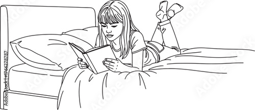 Minimal black outline girl reading book on bed vector illustration, simple cozy design