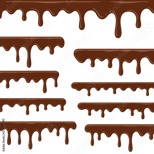 Collection of various chocolate drip patterns and melted liquid borders on a white background, ideal for sweet designs.