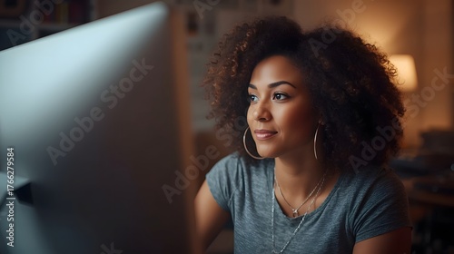 Focused young woman working on a computer at home in the evening, surrounded by warm ambient light and bookshelves, representing concentration, technology, remote work, and modern professional lifesty