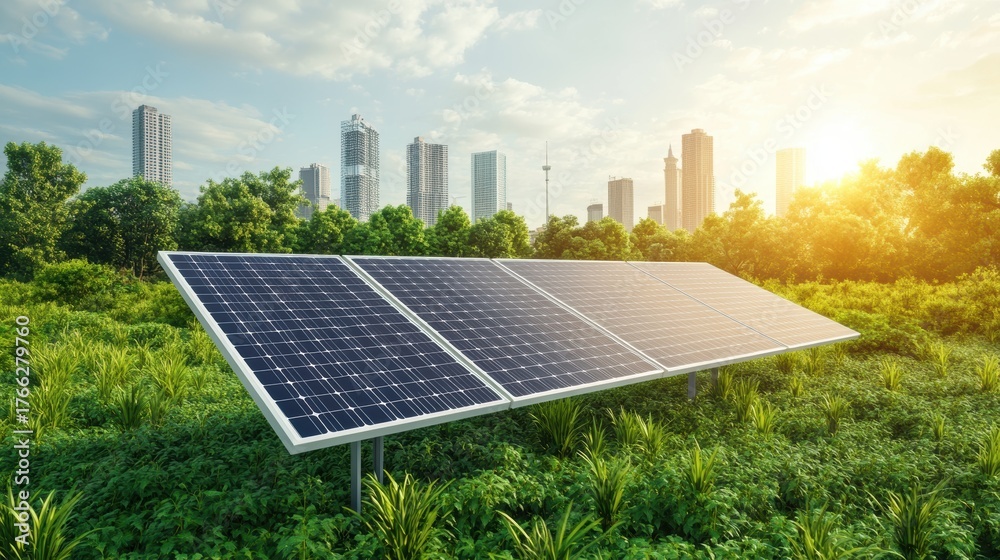 Fototapeta premium Urban Solar Energy Park with Green Trees and City Skyline under Sunlight.