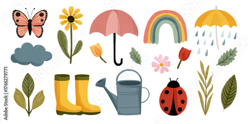 Collection of charming spring and summer icons including a butterfly flowers umbrella rainbow and rain boots