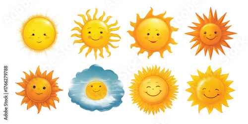 Set of diverse cute cartoon sun characters with various expressions and styles