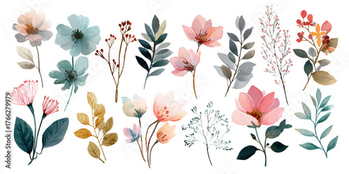 Collection of delicate watercolor floral illustrations with soft pastel colors and botanical elements