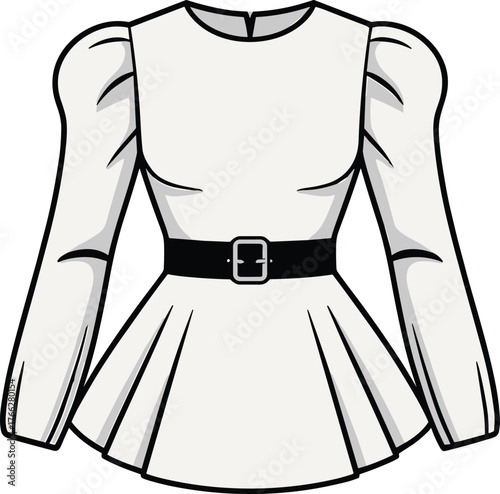 Peplum blouse technical fashion sketch, puffed shoulder, fitted bodice, flared hem, belted waist, elegant silhouette, cad drawing flat vector illustration