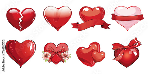 Collection of eight decorative red hearts with various embellishments and styles for romance and love