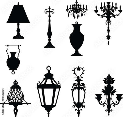 Silhouette of various lighting fixtures including lamps chandeliers and lanterns on a white background