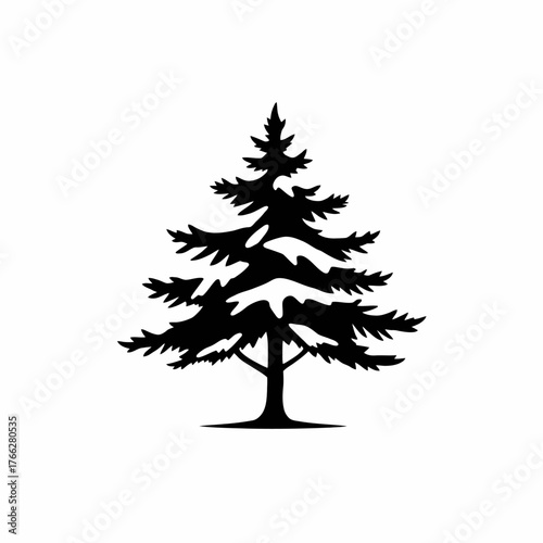 A stylized black silhouette of a single evergreen tree, isolated on white.