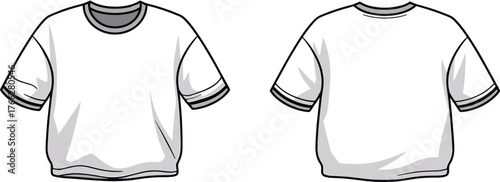 Plain white t-shirt front and back view, short sleeve double stripe detail, round neck, fashion sketch, cad drawing flat vector illustration