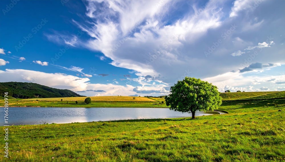 Obraz premium Single tree near to a lake and lot of grass around and beautiful clouds