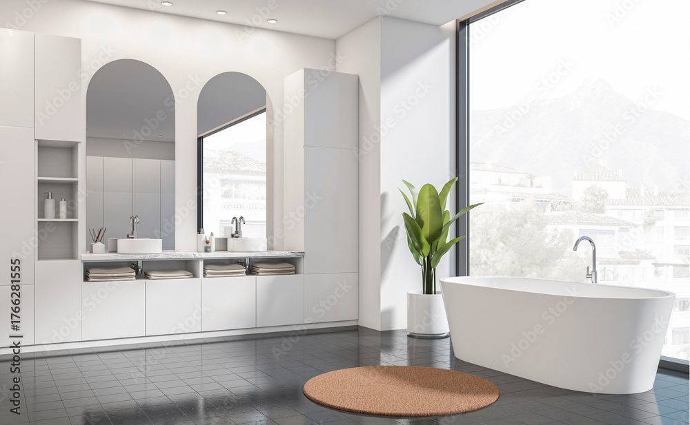 Fototapeta premium Bright modern bathroom interior with freestanding tub, twin sinks, indoor plant and large windows, 3D Rendering, concept of contemporary luxury