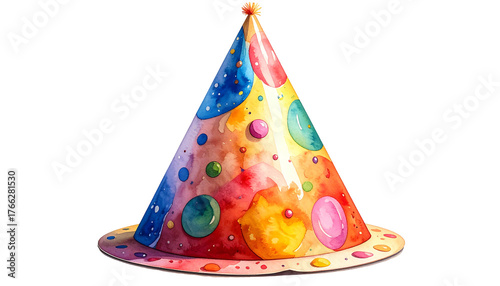Watercolor illustration of a colorful, polka-dotted party hat with a pom-pom on a black background