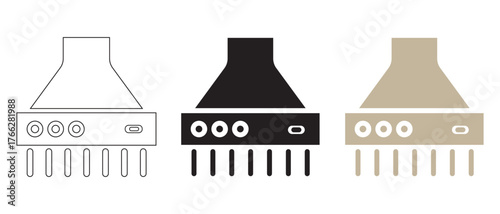 Kitchen Range Hood Icon Set. Three Stylized Designs with Hanging Utensils in Outline, Solid, and Beige Fill.