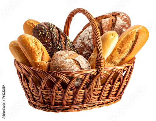 Wicker basket overflowing with various crusty loaves and baguettes, on a transparent background