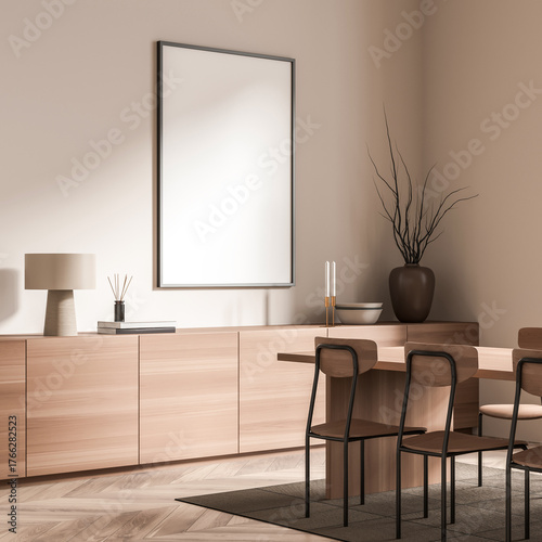 Empty poster template in stylish dining room interior with wooden chairs, decor elements, and soft lighting on neutral wall background for layout design. 3D Rendering