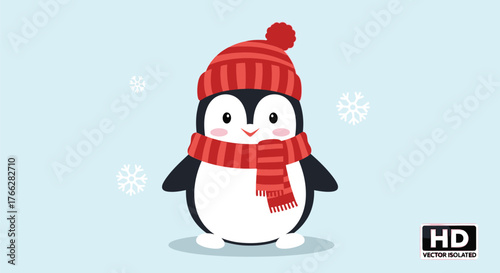 Cute penguin wearing a red hat and scarf standing in a snowy winter background