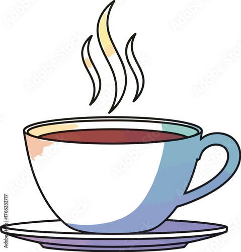 Steaming cup of coffee illustration on a saucer isolated against a white backdrop