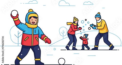 Family enjoying a fun snowball fight in a snowy winter landscape illustration