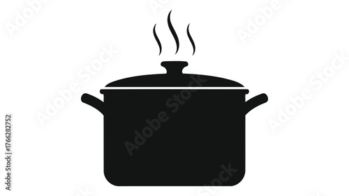 Black cooking pot icon with steam on for culinary designs