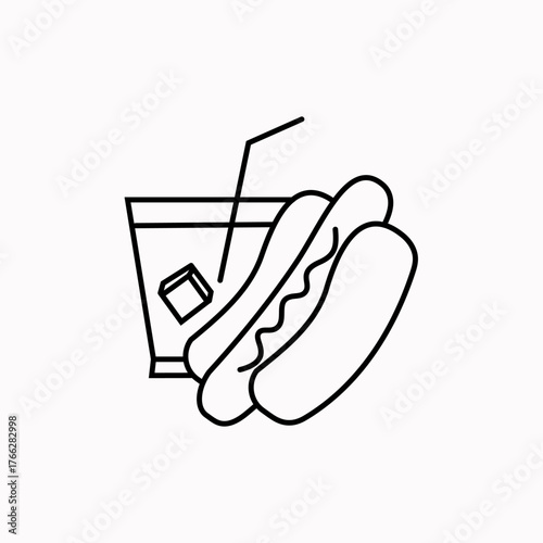 An isolated black and white icon of a cold drink and a hot dog. Doodle style. Can be used in a mobile app as an icon, on a website, and in product advertising.