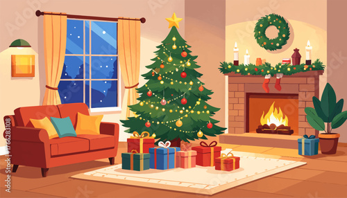 Cozy living room with a warm fireplace and Christmas tree glow. A festive Christmas scene with tree, gifts, and a glowing fire. Holiday warmth in a living room with a Christmas tree and gifts