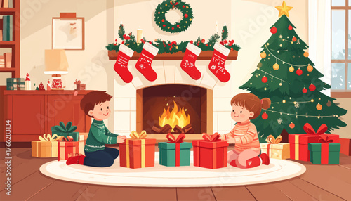 Children unwrap Christmas presents by the warm hearth and tree. Excited kids unwrapping holiday gifts by a cozy fireplace. Joyous holiday scene with children opening gifts by the fire
