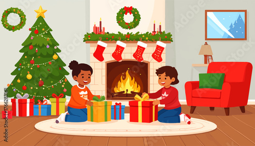 Children unwrap presents by a cozy fireplace during the holidays. Festive moments captured as kids open Christmas gifts by the fire. Joyful holiday gift unwrapping with kids by a warm fireplace
