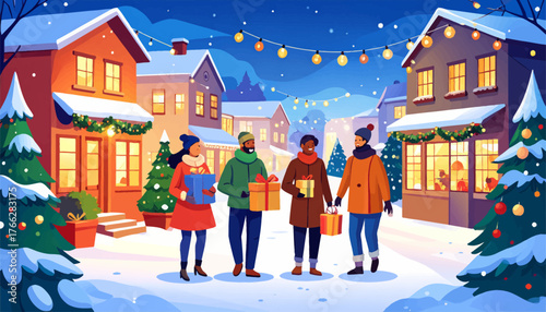 Holiday cheer fills the air as friends celebrate with gifts in snow. Gathered around christmas trees, friends exchange gifts in the snow. winter celebration with friends sharing presents under lights