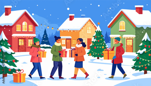 Warm holiday greetings exchanged on a snowy, festive street. Friends gifting presents under twinkling holiday lights in snow. A cozy holiday gathering with friends exchanging gifts