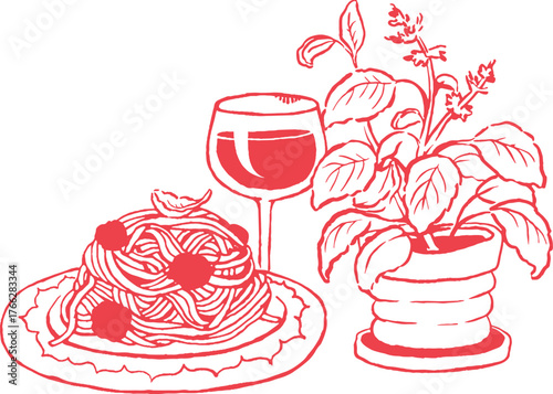Hearty Italian Pasta Meal with Wine and Herb