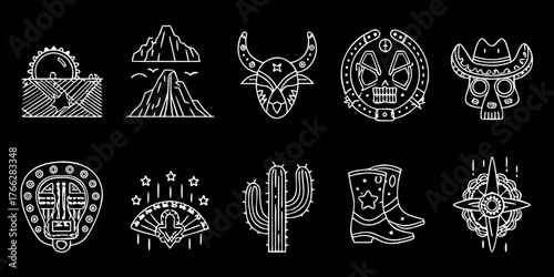 Collection of white line art icons representing western and mexican culture on a black background