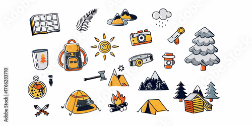 Collection of hand drawn camping and outdoor adventure icons and elements