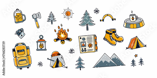Collection of hand drawn camping and outdoor adventure icons with trees mountains and campfire