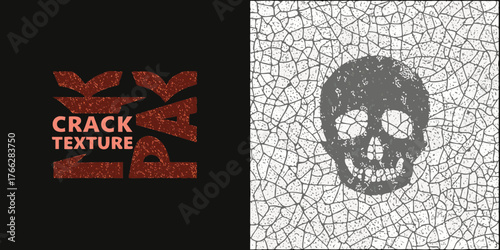 Distressed skull silhouette over cracked texture background with text overlay