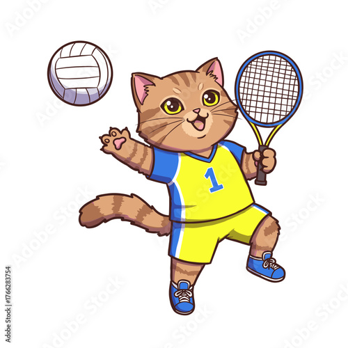 Cartoon silhouette illustration of a young boy tennis player with a racket and ball, actively playing a sport game