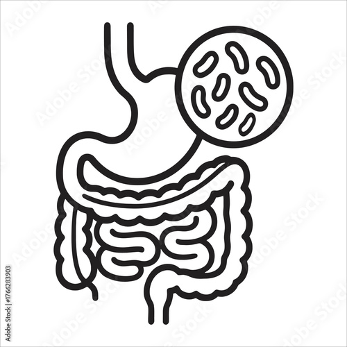 Gut Microbiome Probiotic Bacteria in Digestive System Line Icon