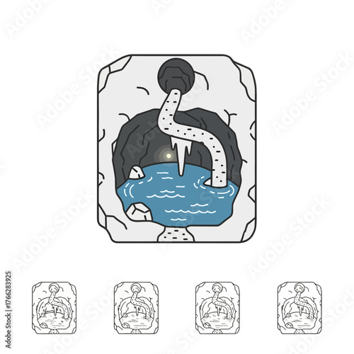 Cave with water source and ice formation illustration.