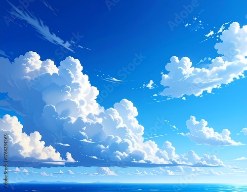 Anime-style illustration of fluffy white clouds in a bright blue sky (1)