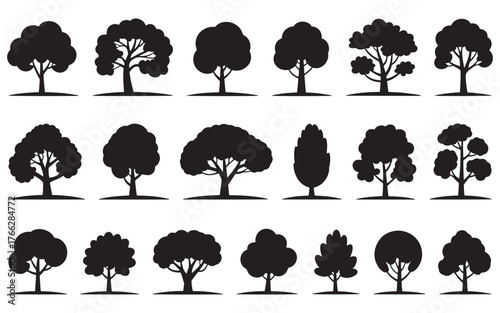 Collection of black tree silhouette vector illustration on white background
