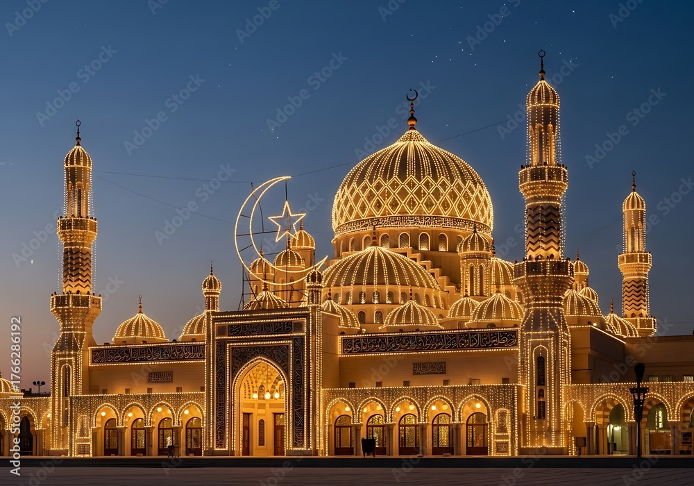 Obraz premium Magnificent illuminated mosque at dusk featuring intricate architecture and tall minarets